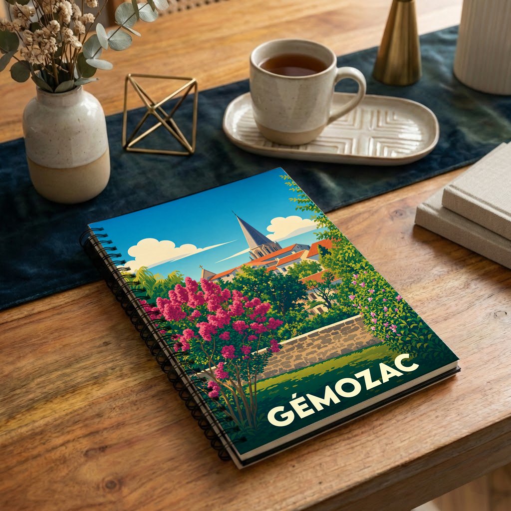 Carnet souvenir de la ville de Gémozac avec une illustration stylisée et colorée.