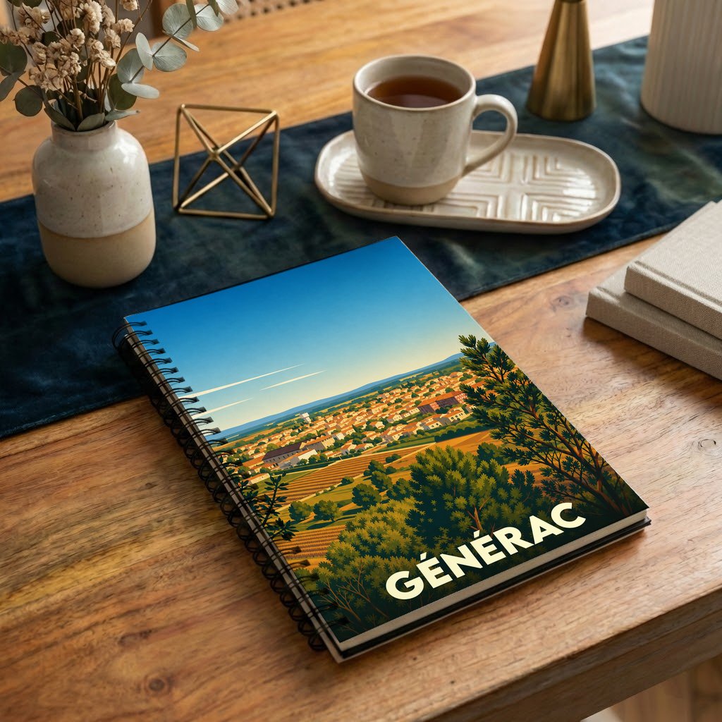 Carnet souvenir de la ville de Générac avec une illustration paysagère stylisée.