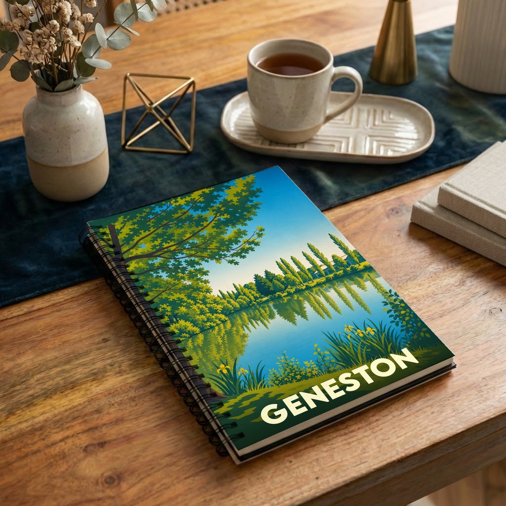 Carnet à spirale souvenir de la ville de Geneston orné d'une illustration stylisée de lac et de forêt.