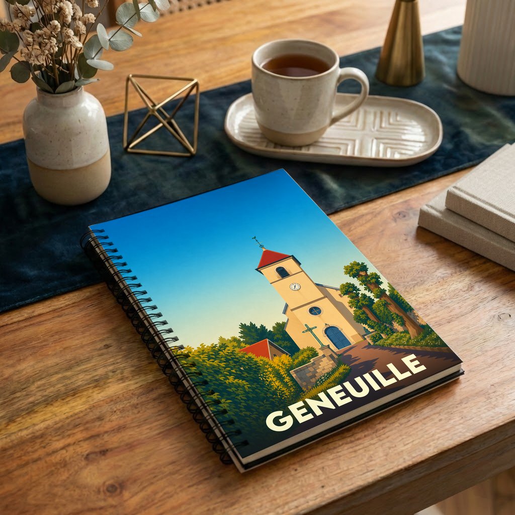 Carnet à spirales souvenir de la ville de Geneuille avec une illustration stylisée de son église.