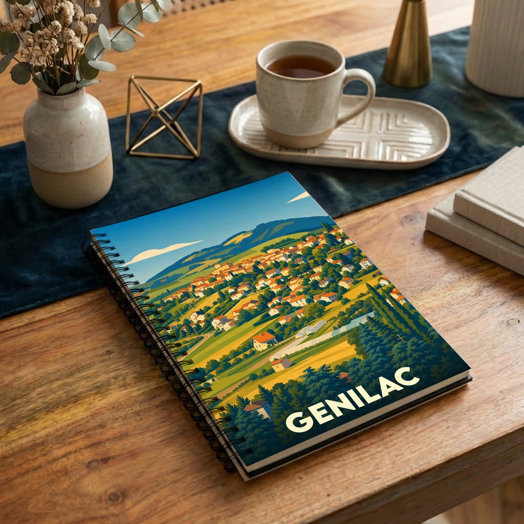 Carnet à spirales souvenir de la ville de Genilac avec une illustration paysagère stylisée.