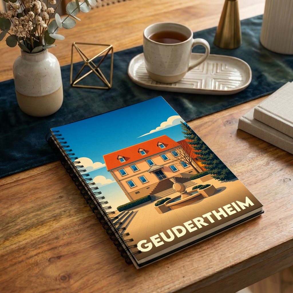Carnet à spirales souvenir de la ville de Geudertheim avec une illustration stylisée de sa mairie.