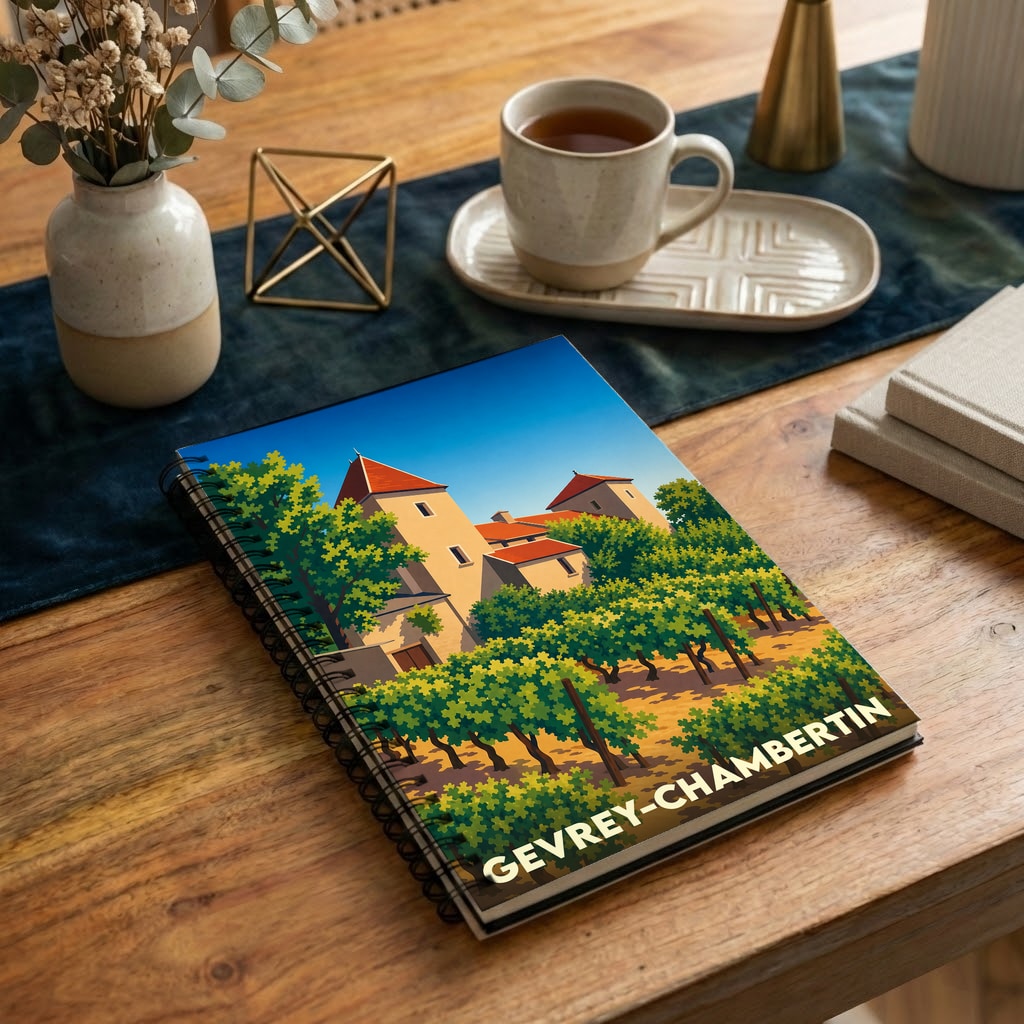 Carnet de notes souvenir de Gevrey-Chambertin illustré d'un paysage de vignoble et d'un château stylisé.