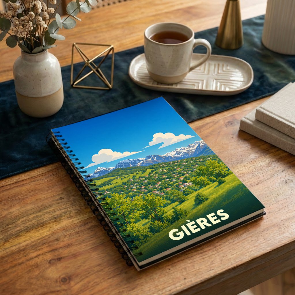 Carnet souvenir de la ville de Gières avec une illustration stylisée d'un paysage montagneux.
