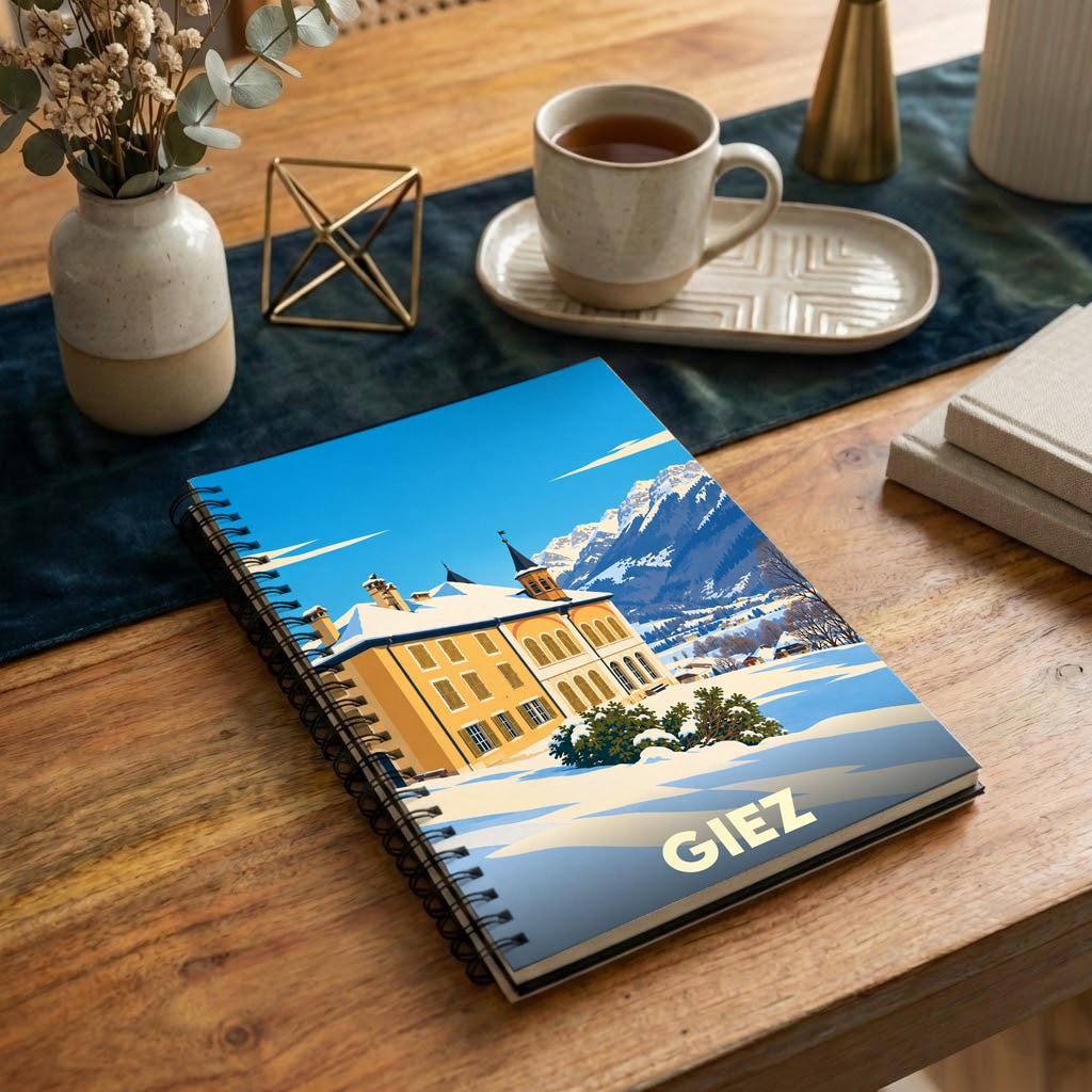 Carnet à spirales souvenir de la ville de Giez avec une illustration hivernale stylisée.