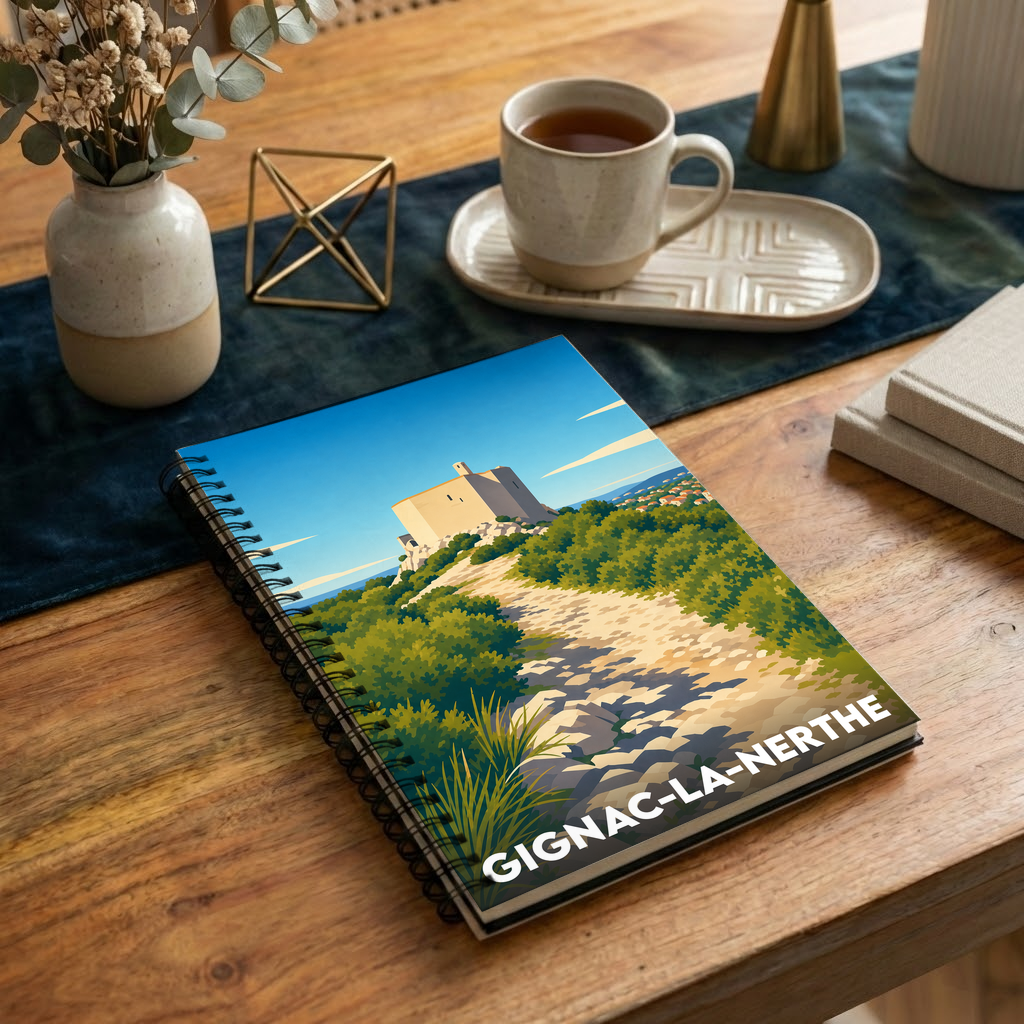Carnet à spirales souvenir de la ville de Gignac-la-Nerthe avec une illustration stylisée.