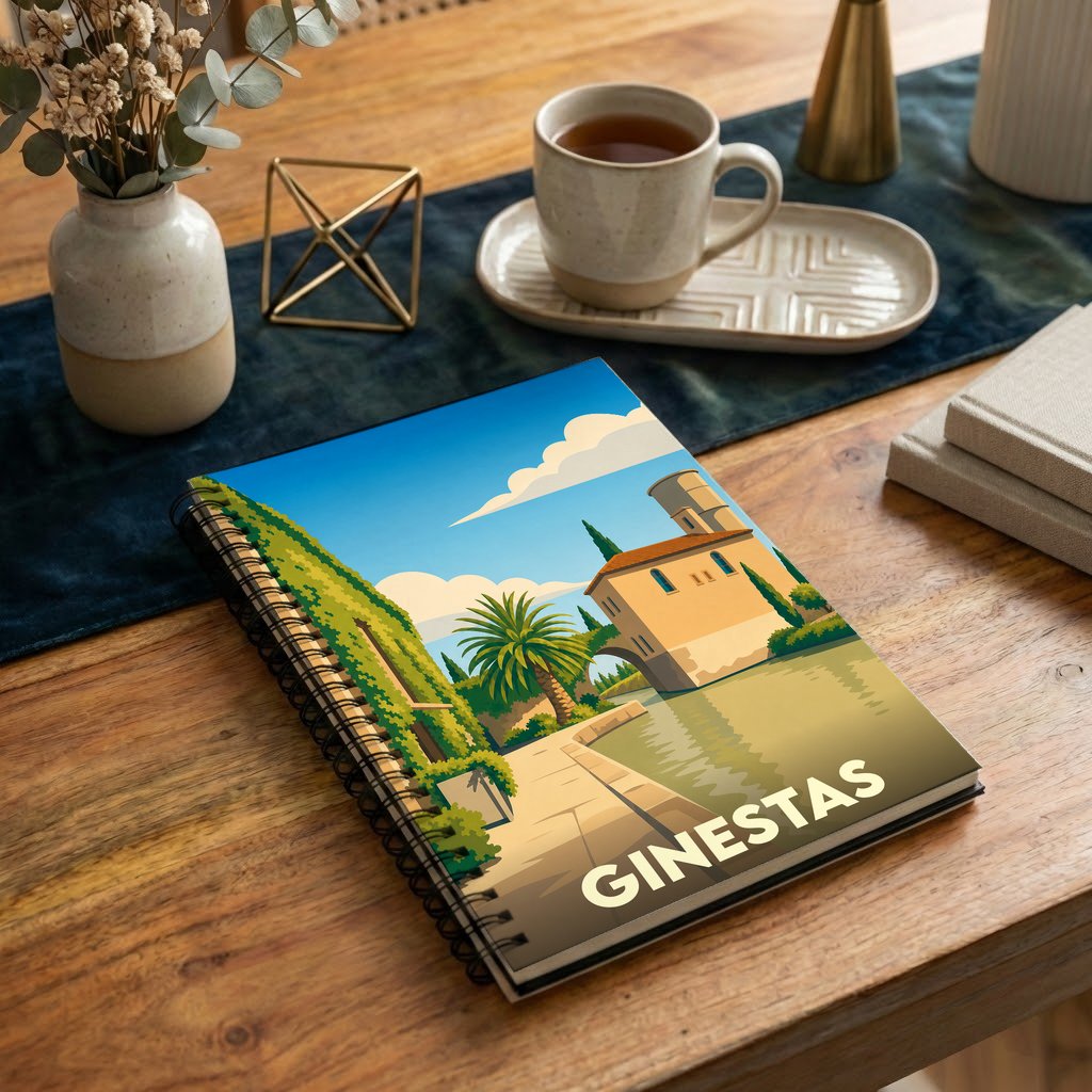 Carnet souvenir de la ville de Ginestas avec une illustration stylisée d'un paysage ensoleillé.