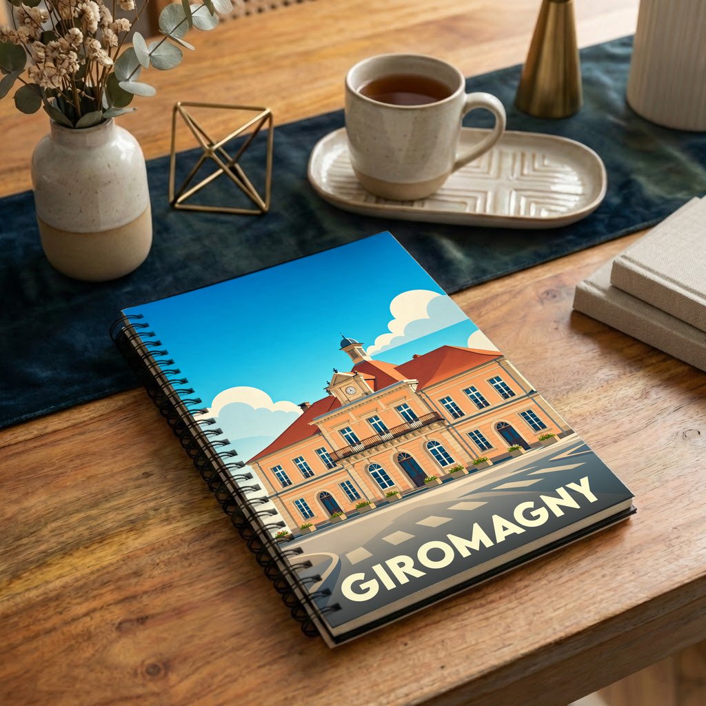 Carnet de notes à spirales souvenir de la ville de Giromagny avec une illustration stylisée de son hôtel de ville.