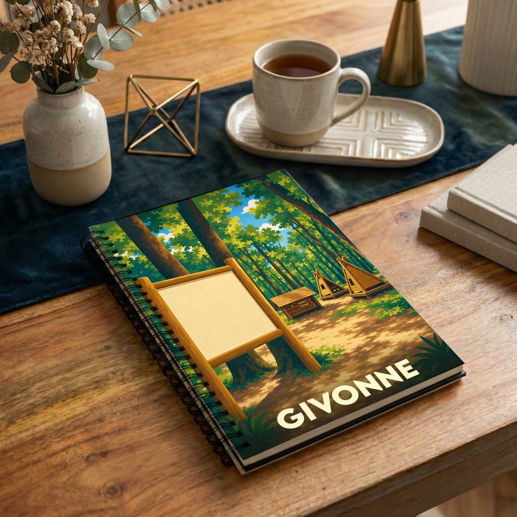 Carnet souvenir de la ville de Givonne avec une illustration stylisée d'un campement en forêt.