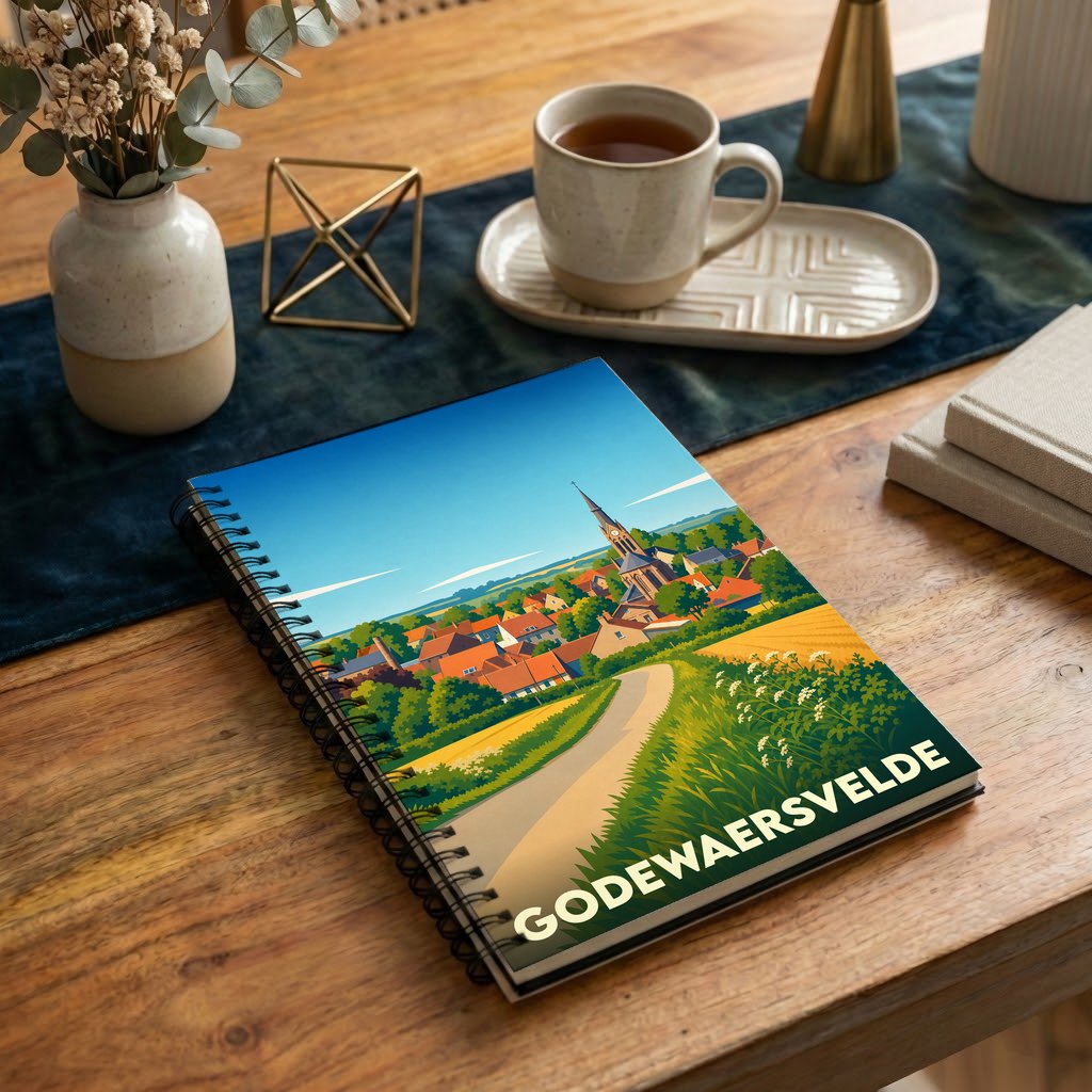 Carnet à spirales souvenir de la ville de Godewaersvelde avec une illustration stylisée de son paysage vallonné.