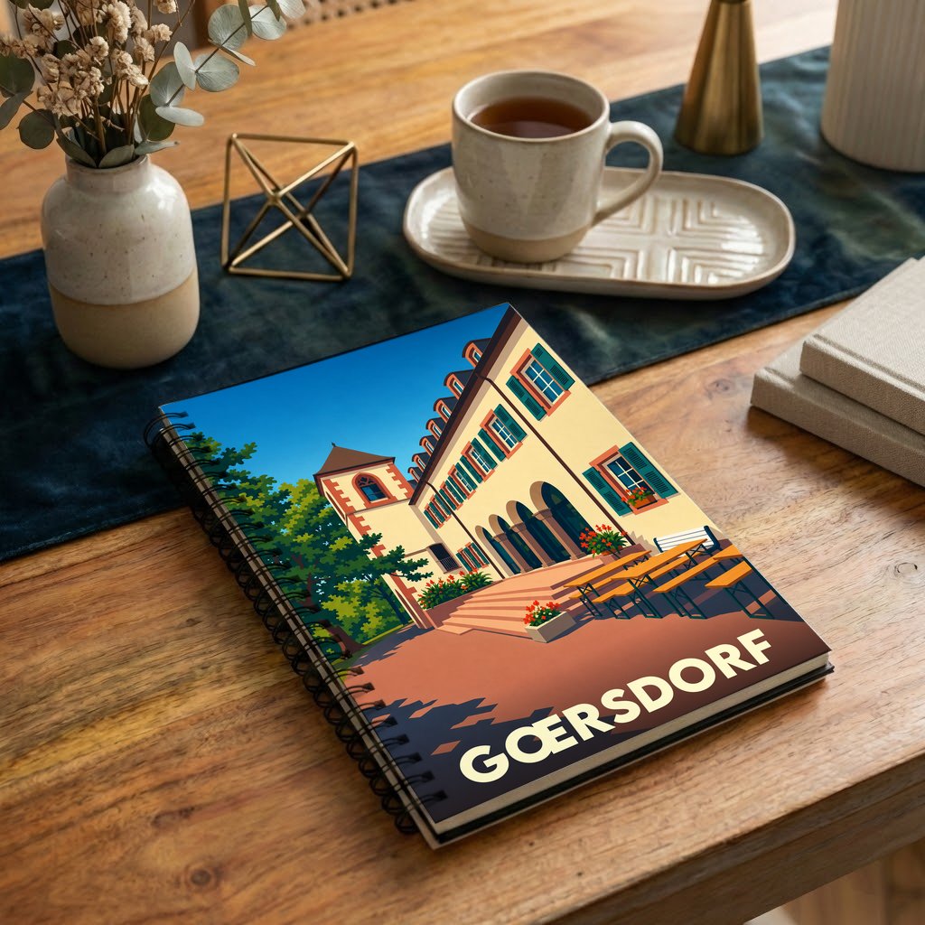 Carnet à spirales souvenir de la ville de Gœrsdorf avec une illustration stylisée de son architecture.