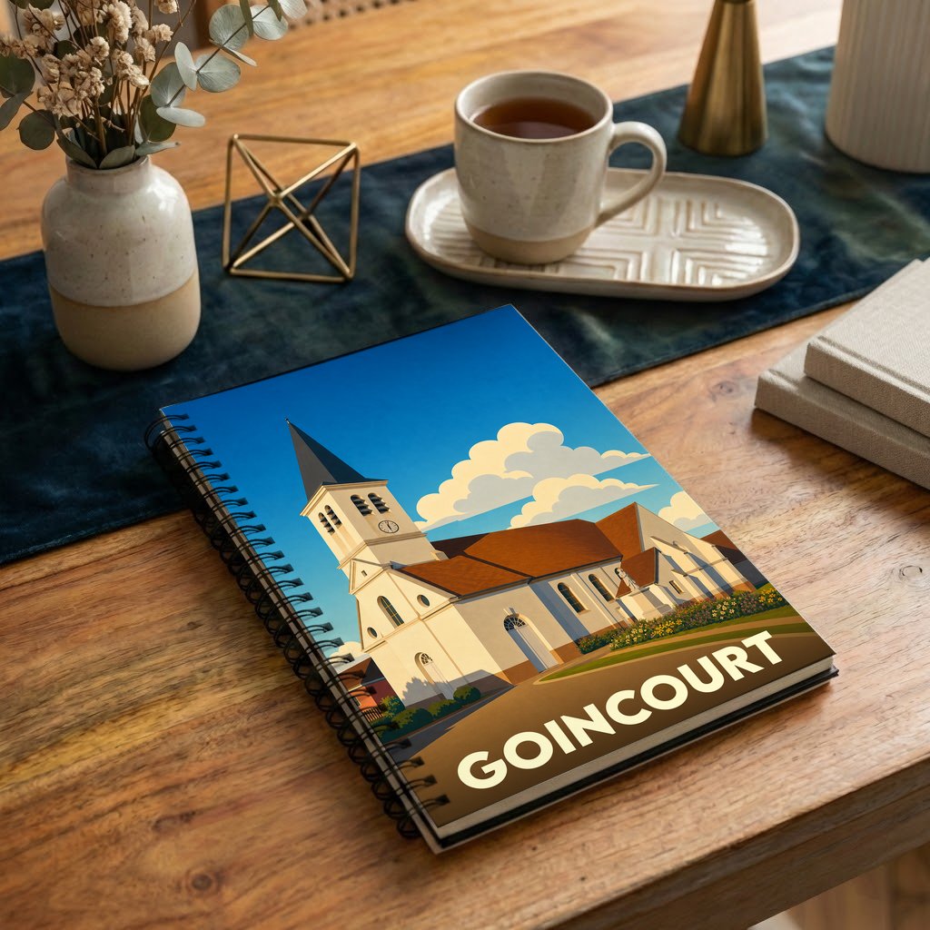 Carnet à spirales souvenir de la ville de Goincourt avec une illustration stylisée de son église.