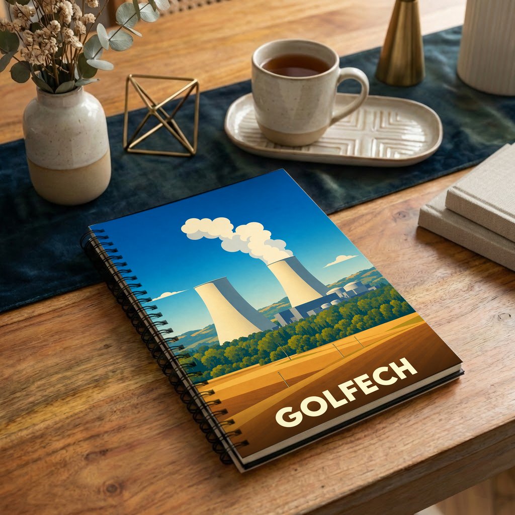 Carnet souvenir de la ville de Golfech avec une illustration stylisée de sa centrale nucléaire.