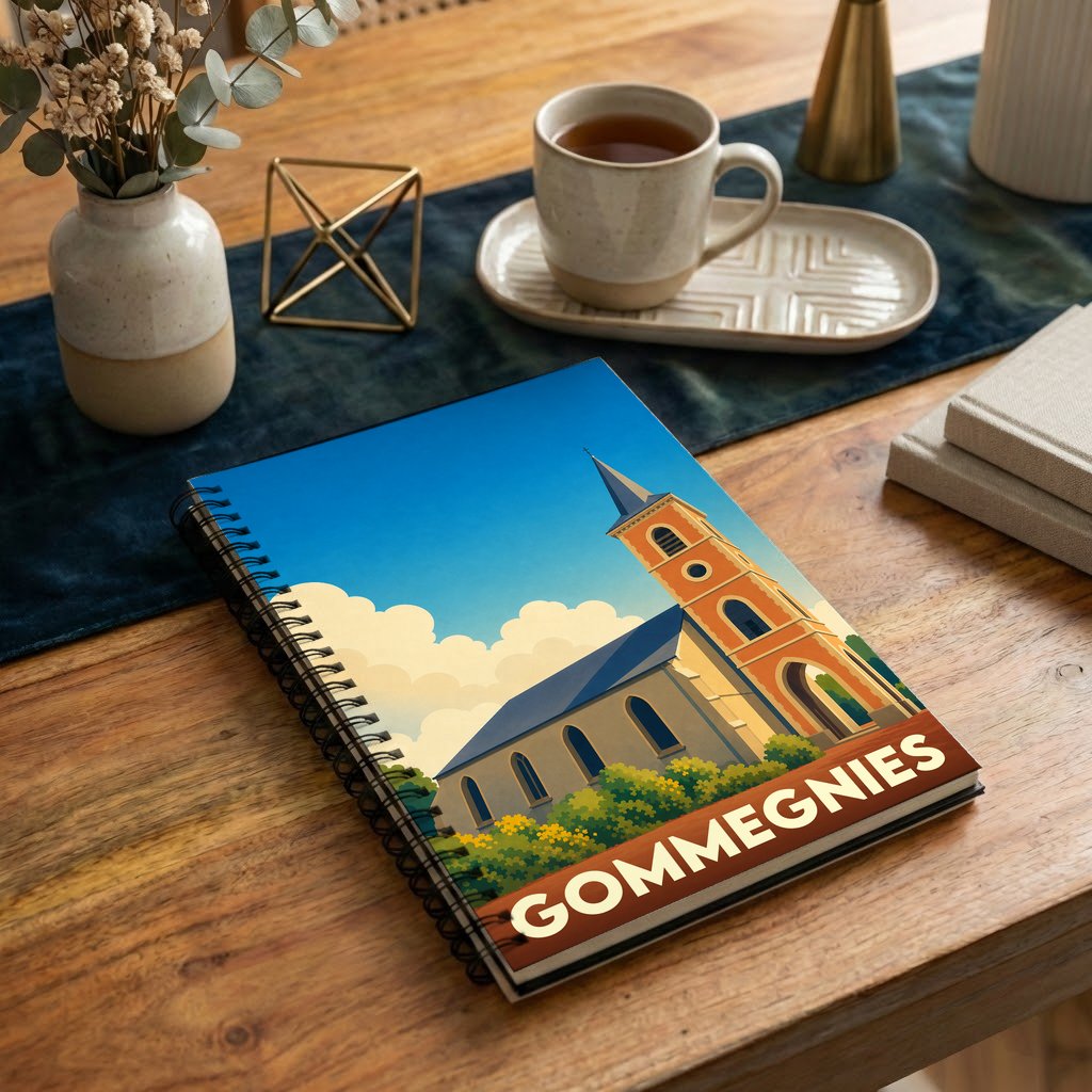 Carnet à spirale souvenir de la ville de Gommegnies avec une illustration stylisée de son église.