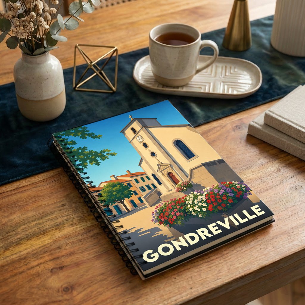 Carnet à spirales souvenir de la ville de Gondreville avec une illustration stylisée de son église et de parterres fleuris.
