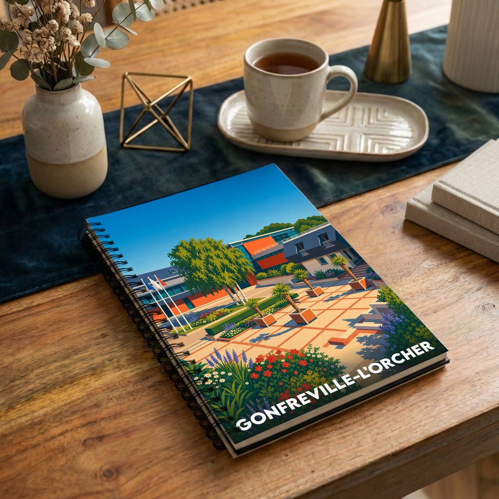Carnet à spirales souvenir de la ville de Gonfreville-l'Orcher avec une illustration stylisée et colorée.