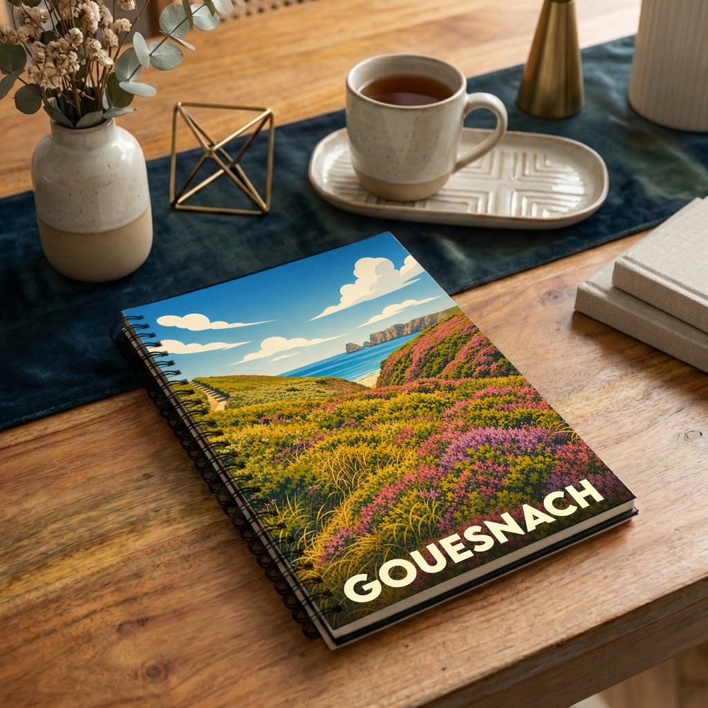 Carnet souvenir de la ville de Gouesnach illustré d'un paysage côtier coloré et stylisé.