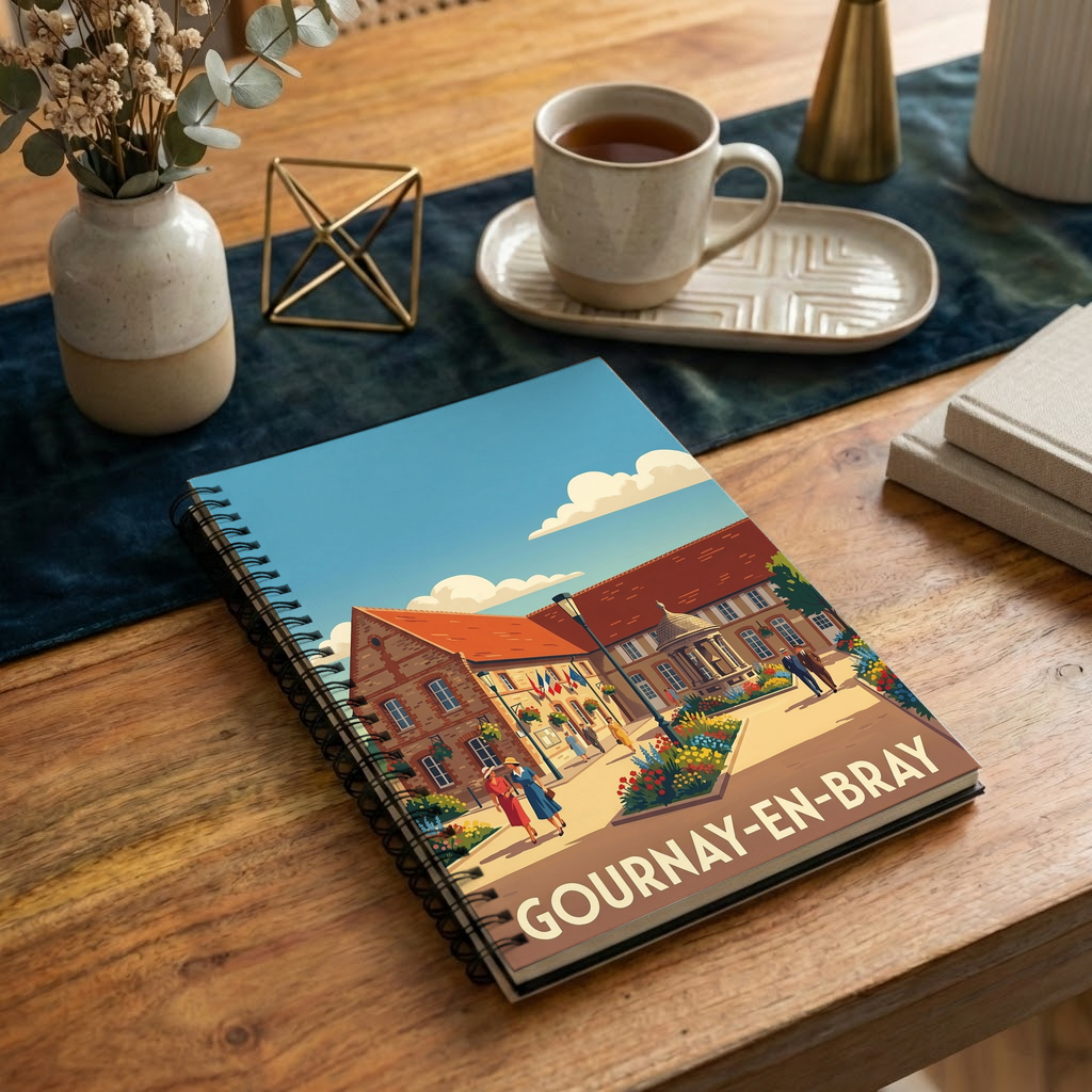 Carnet souvenir de la ville de Gournay-en-Bray avec une illustration stylisée.