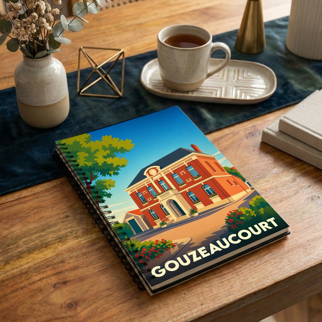 Carnet à spirale souvenir de la ville de Gouzeaucourt avec une illustration stylisée d'un bâtiment historique.
