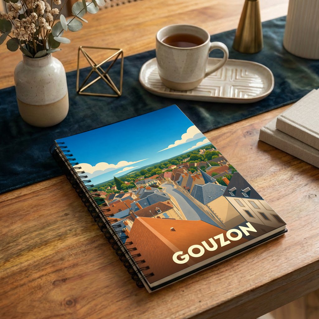 Carnet à spirales souvenir de la ville de Gouzon avec une illustration stylisée vue du ciel.