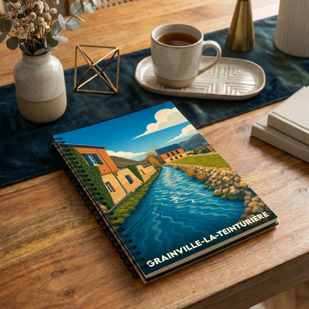 Carnet à spirales souvenir de la ville de Grainville-la-Teinturière avec une illustration stylisée représentant un cours d'eau traversant le village.