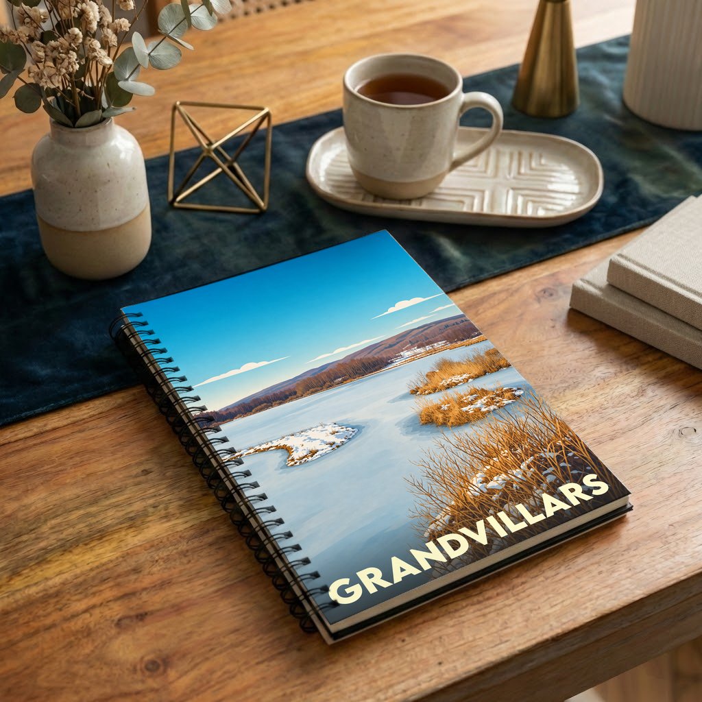 Carnet à spirales souvenir de la ville de Grandvillars avec une illustration hivernale stylisée.