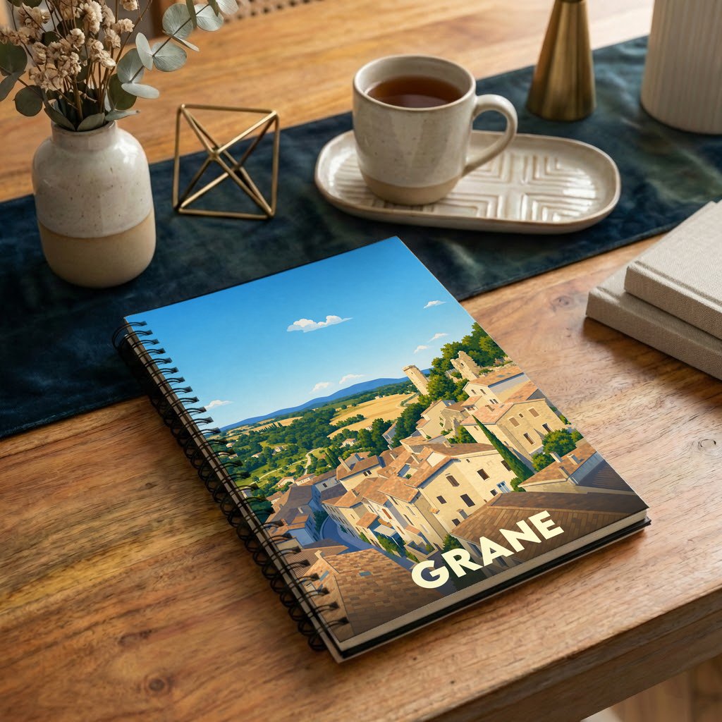 Carnet à spirales souvenir de la ville de Grane avec une illustration stylisée d'un village perché.