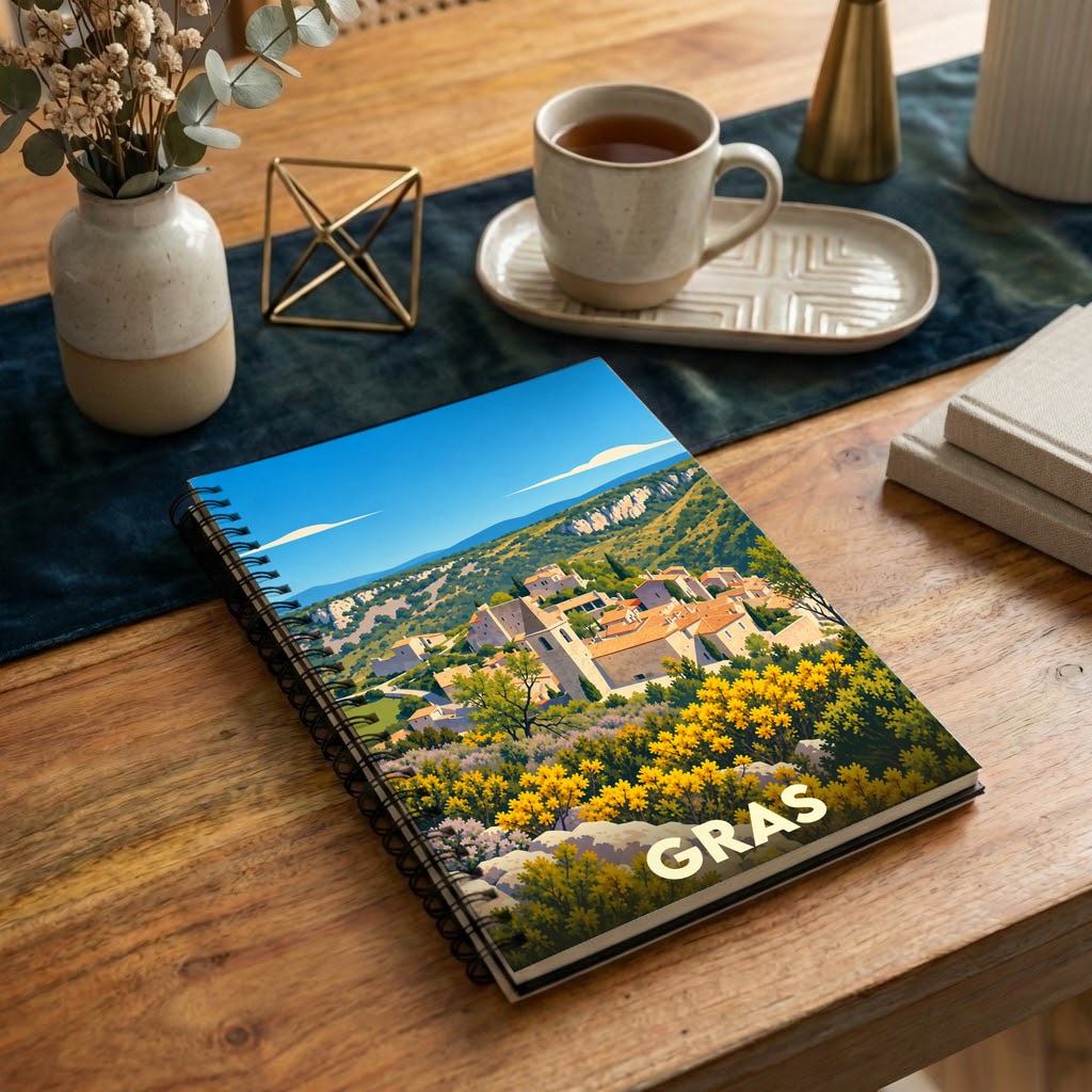Carnet à spirales souvenir de la ville de Gras avec une illustration stylisée d'un village provençal.