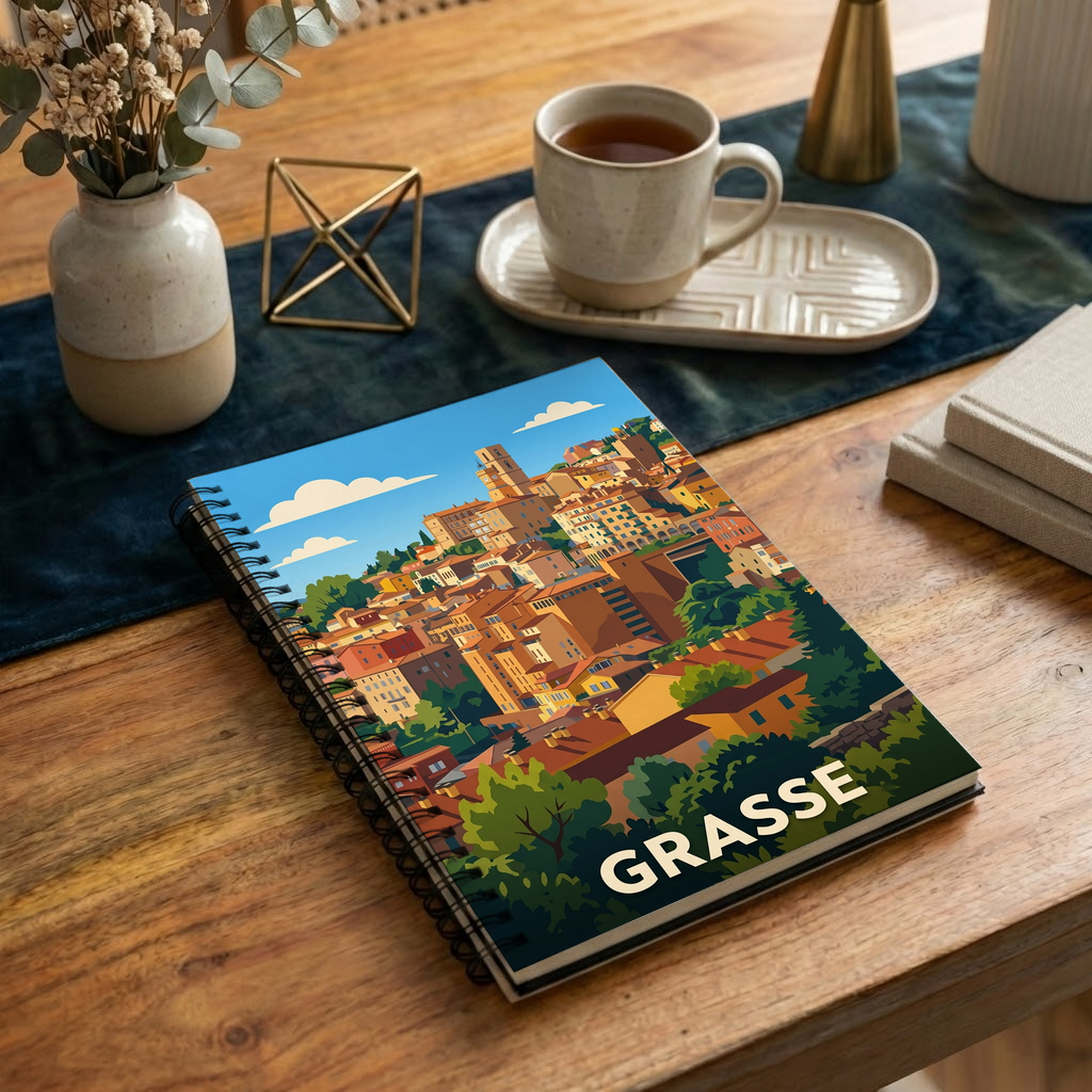 Carnet souvenir de la ville de Grasse avec une illustration stylisée.
