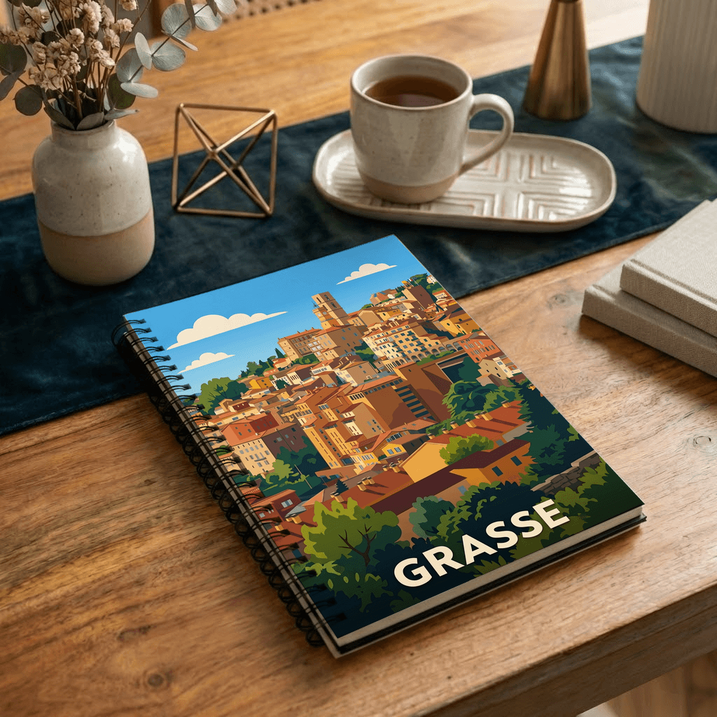 Carnet souvenir de la ville de Grasse avec une illustration stylisée.