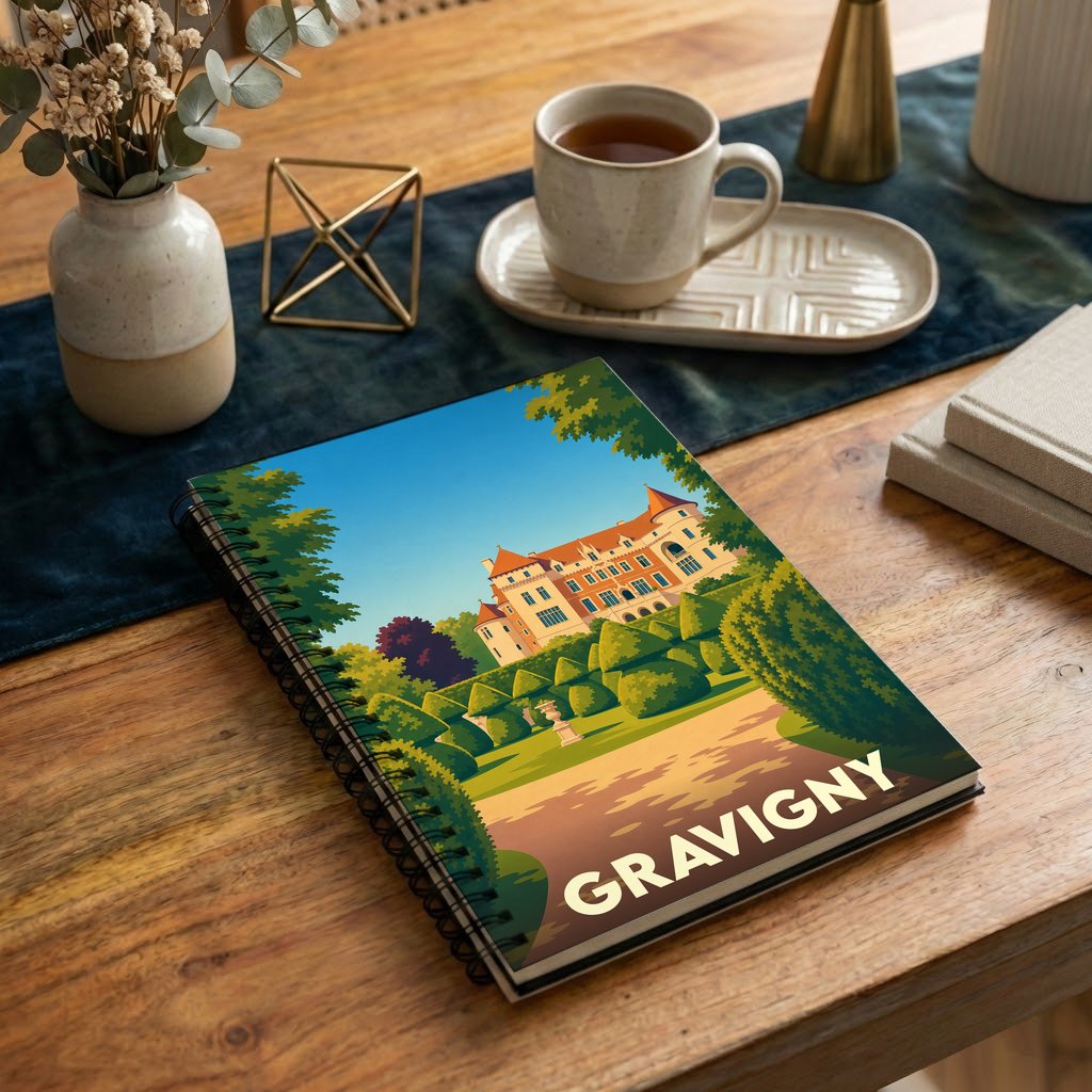 Carnet de notes souvenir de la ville de Gravigny avec une illustration stylisée d'un château et de ses jardins.