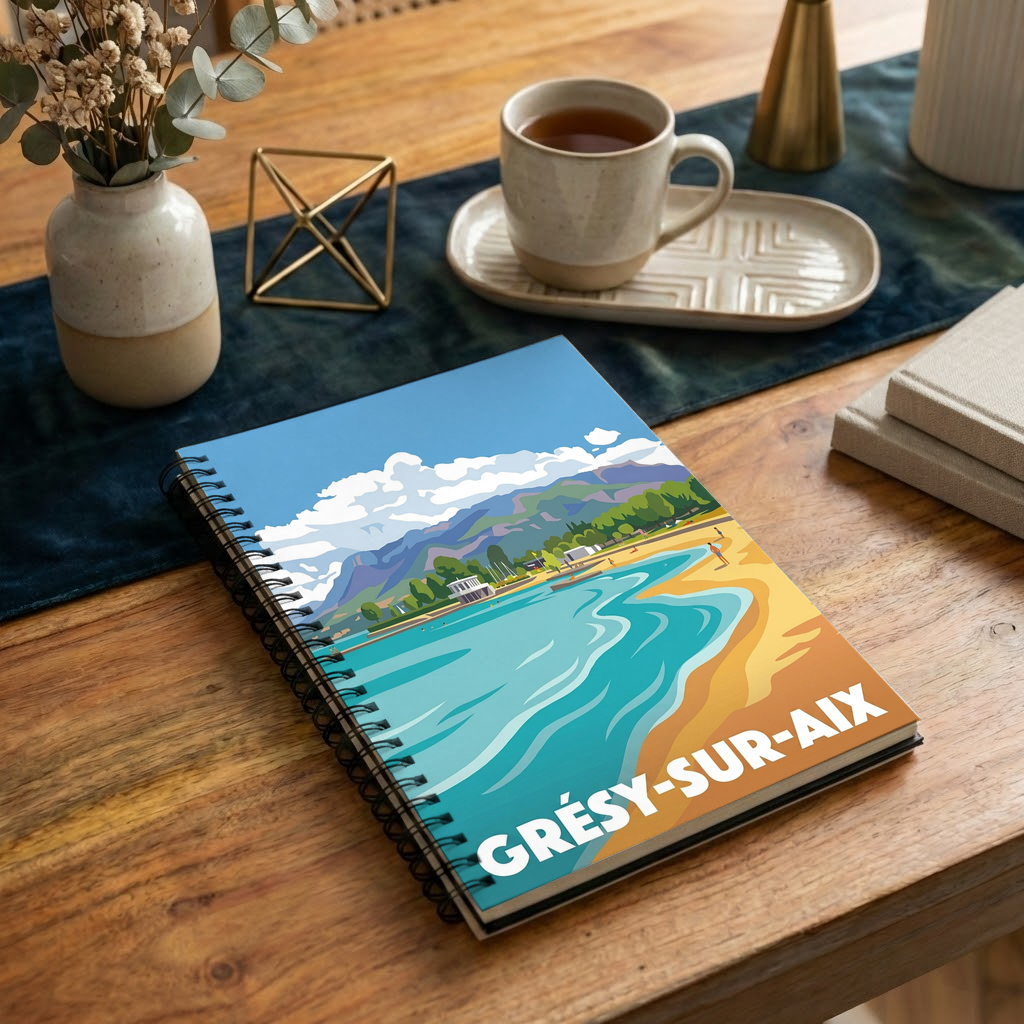 Carnet souvenir de la ville de Grésy-sur-Aix avec une illustration stylisée d'un paysage de lac et de montagnes.