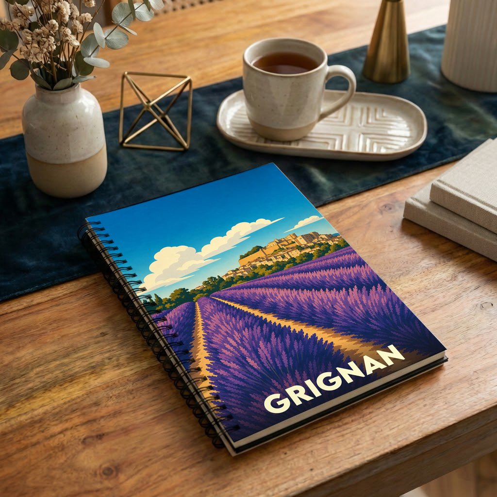 Carnet souvenir de la ville de Grignan avec une illustration stylisée d'un champ de lavande.
