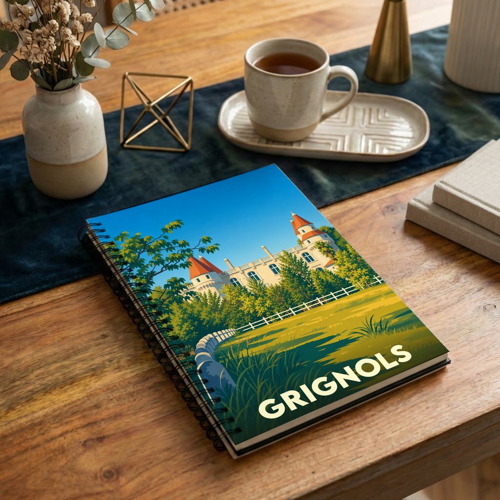 Carnet souvenir de la ville de Grignols avec une illustration stylisée de son château.