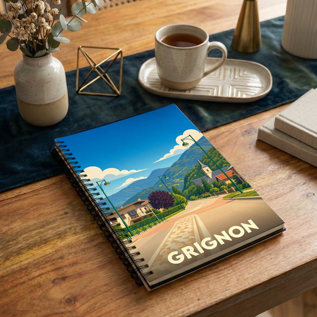 Carnet souvenir de la ville de Grignon avec une illustration stylisée de ses paysages.