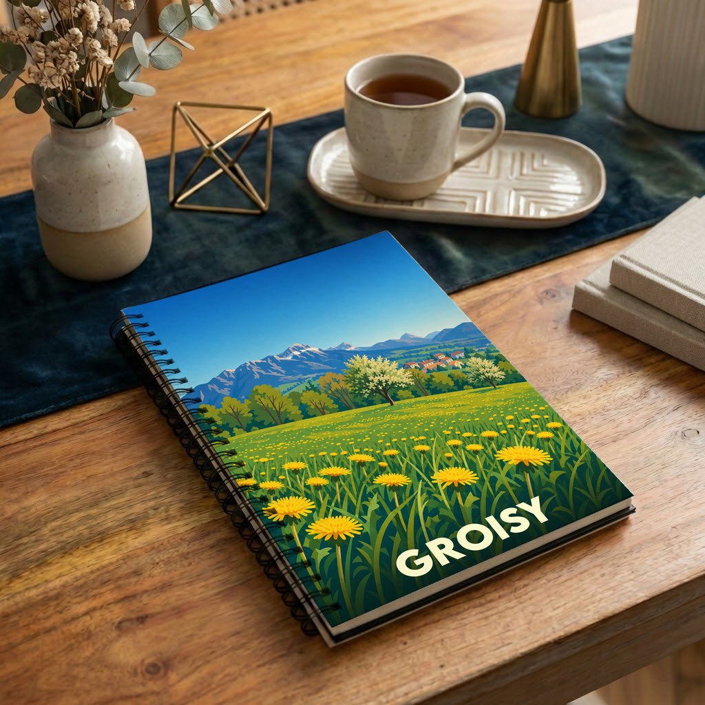 Carnet à spirales souvenir de la ville de Groisy avec une illustration stylisée d'un champ de fleurs devant les montagnes.