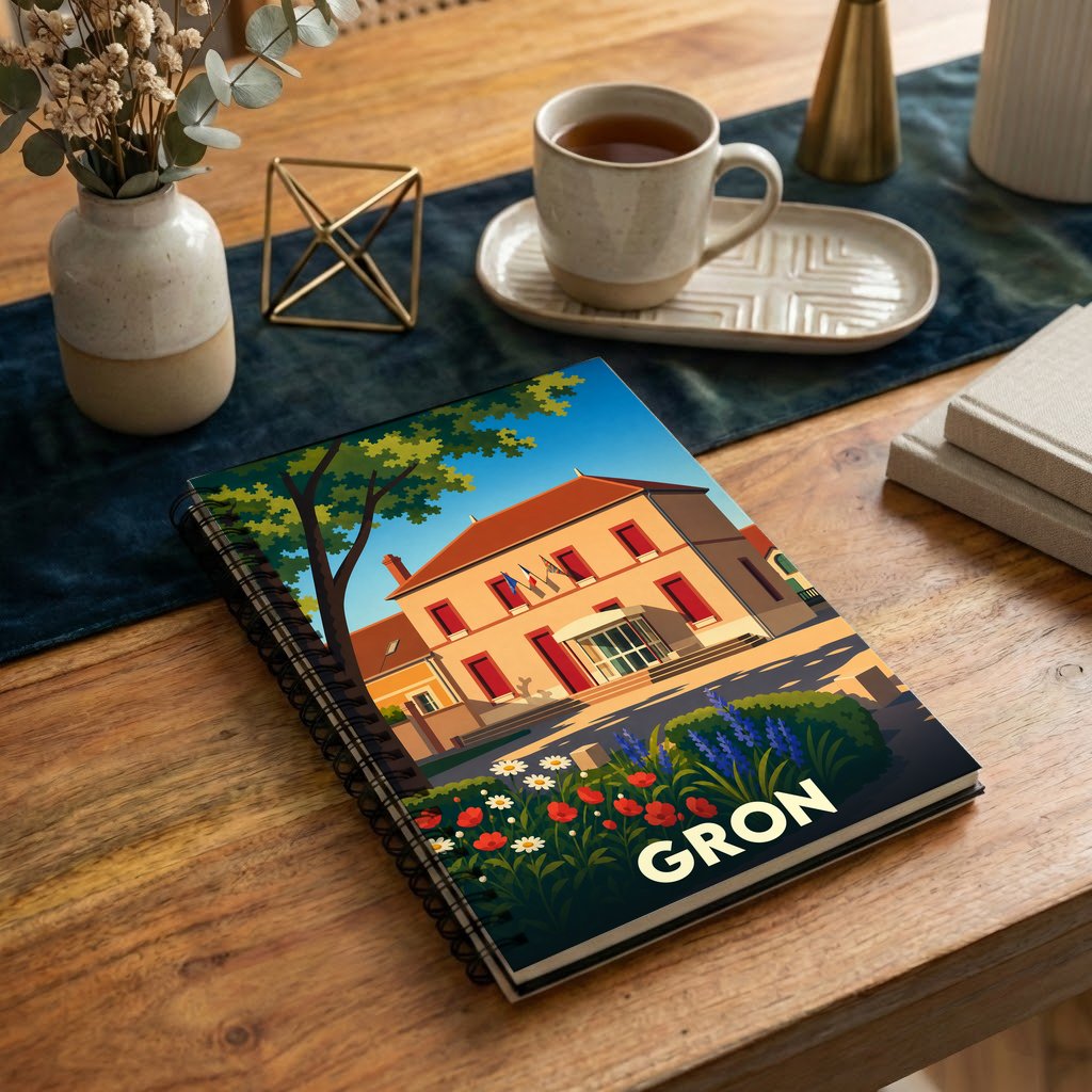 Carnet souvenir de la ville de Gron avec une illustration stylisée de sa mairie.