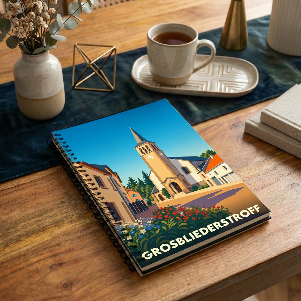 Carnet à spirales souvenir de la ville de Grosbliederstroff avec une illustration stylisée de son église.