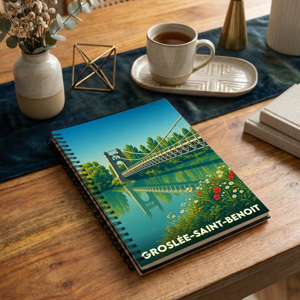 Carnet souvenir de la ville de Groslée-Saint-Benoit avec une illustration stylisée de son pont suspendu.