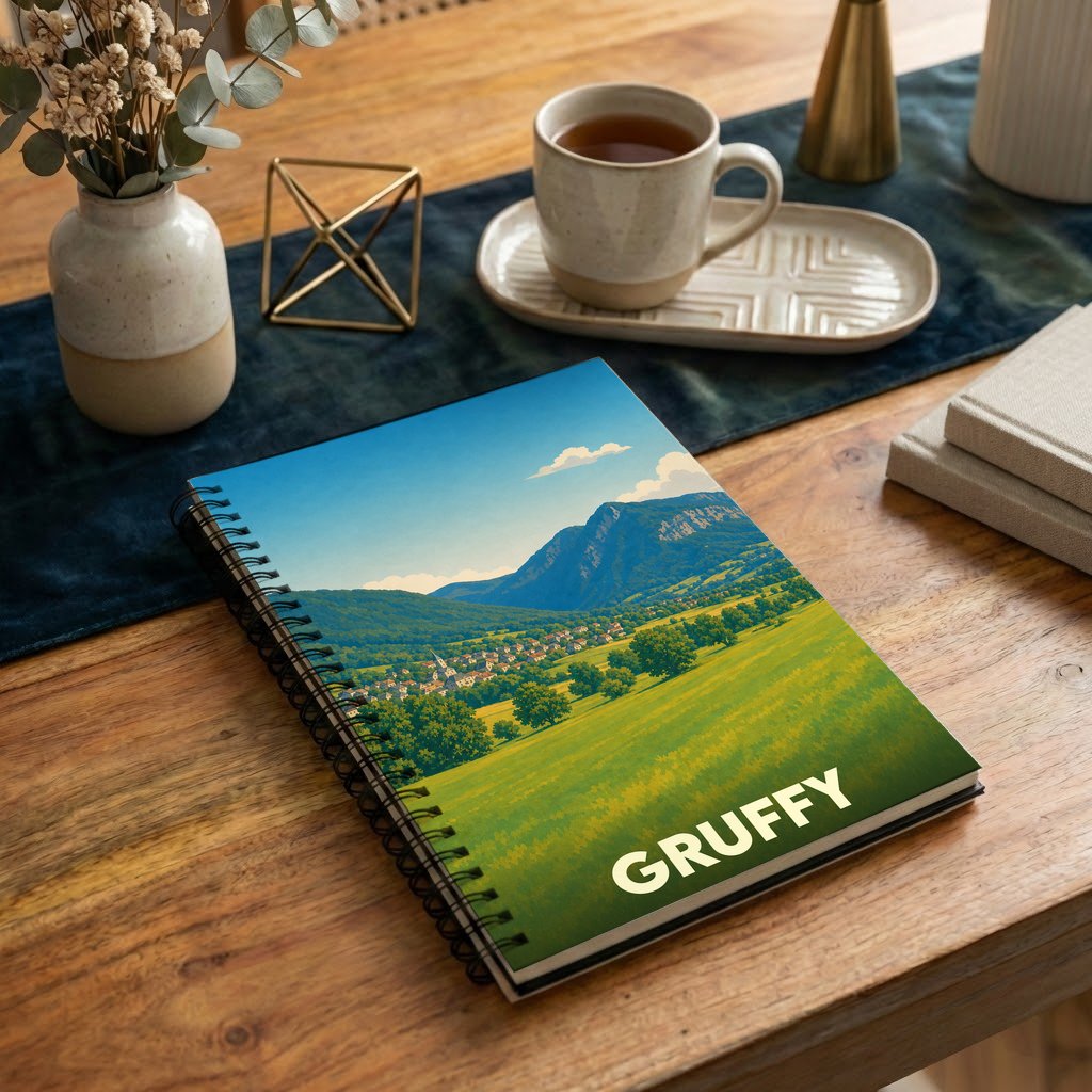 Carnet à spirales souvenir de la ville de Gruffy avec une illustration de paysage de montagne stylisée.