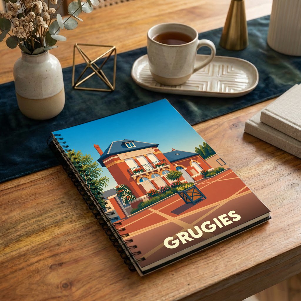 Carnet souvenir de la ville de Grugies avec une illustration stylisée.