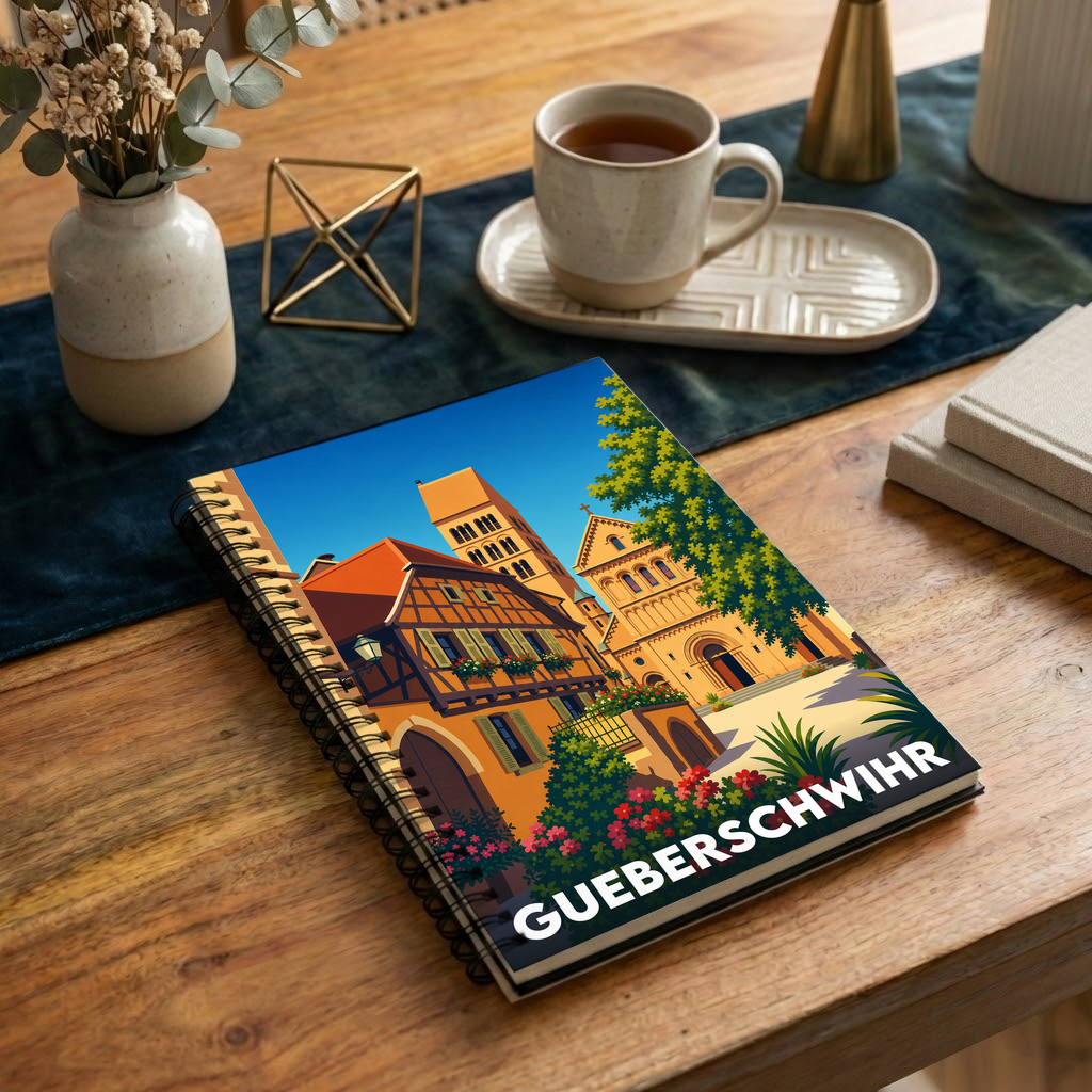 Carnet souvenir de la ville de Gueberschwihr avec une illustration stylisée.