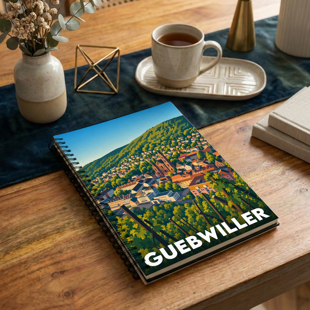 Carnet de notes à spirales souvenir de la ville de Guebwiller avec une illustration stylisée.