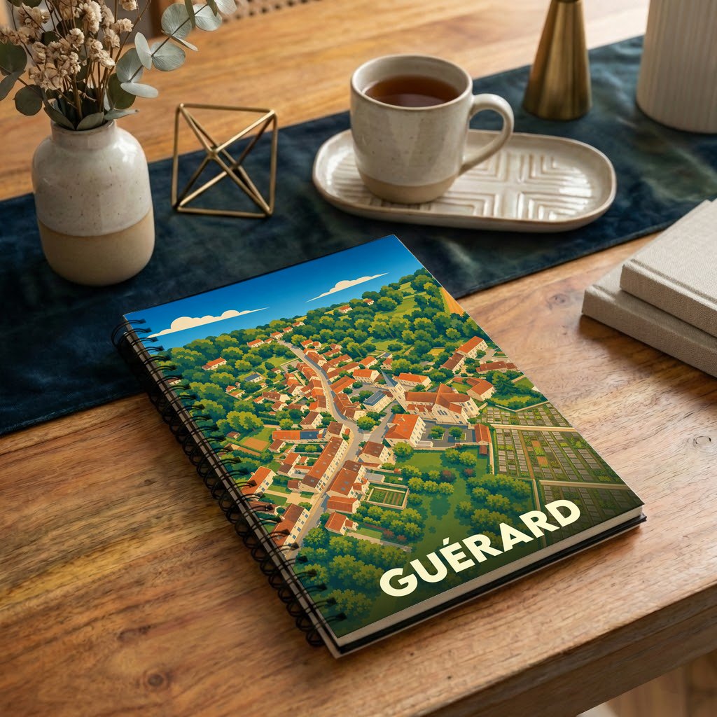 Carnet souvenir de la ville de Guérard avec une illustration stylisée d'une vue aérienne.