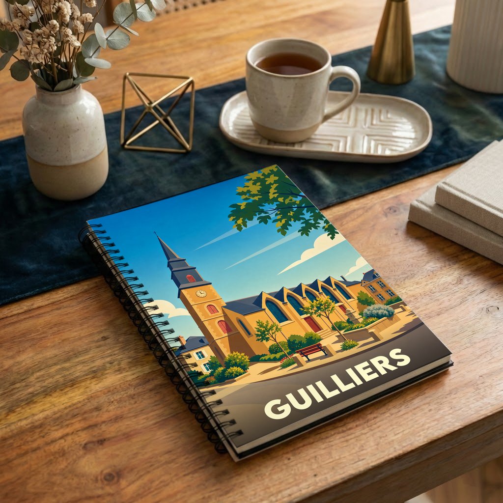 Carnet de notes à spirales souvenir de la ville de Guilliers avec une illustration colorée et stylisée de son église.