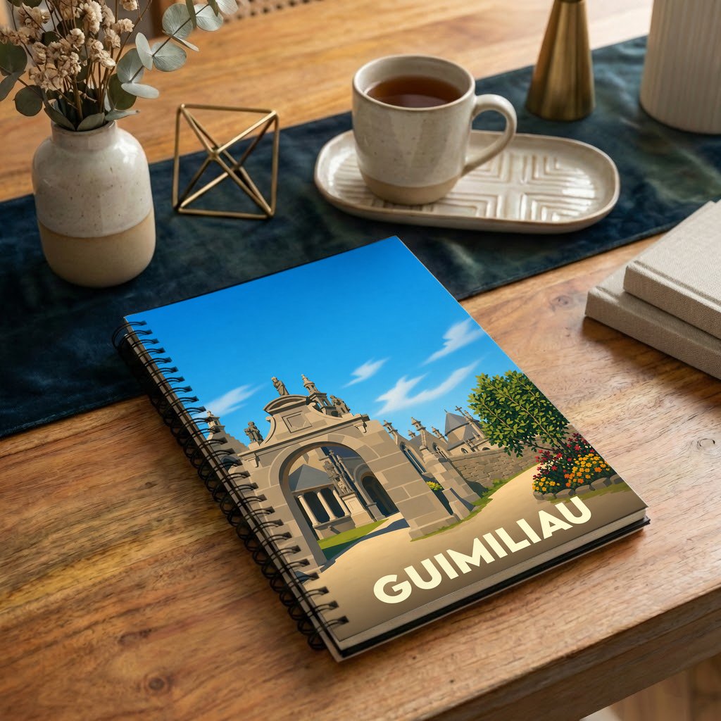 Carnet à spirales souvenir de la ville de Guimiliau avec une illustration stylisée de son enclos paroissial.