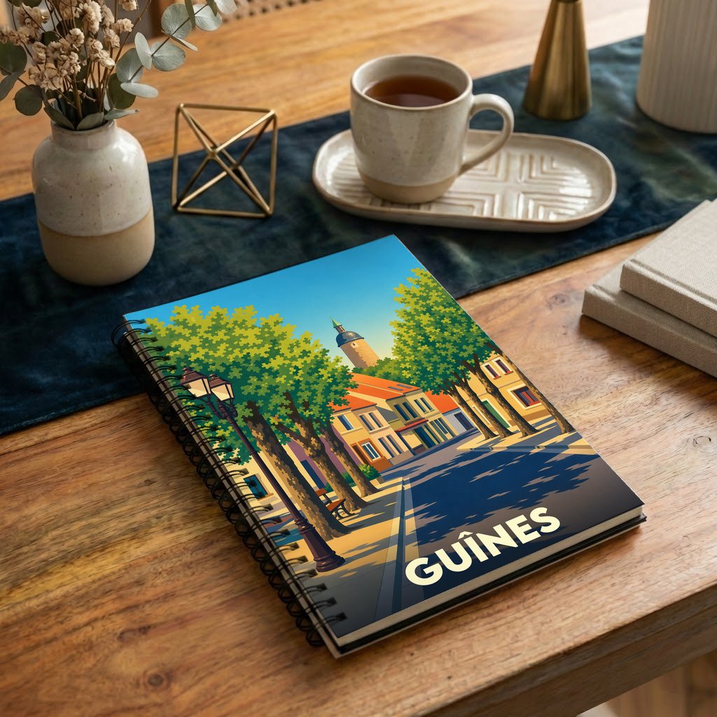 Carnet souvenir de la ville de Guînes avec une illustration stylisée d'une rue arborée.