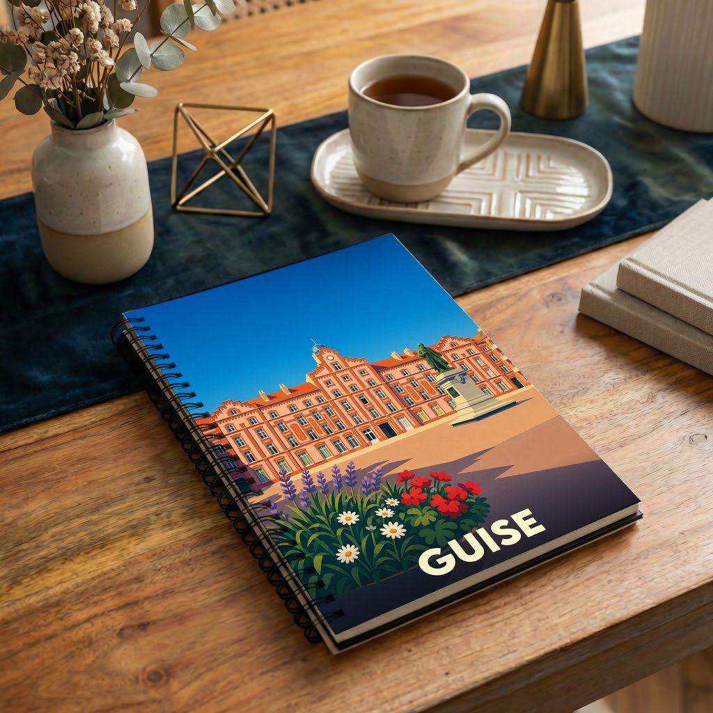 Carnet souvenir de la ville de Guise avec une illustration stylisée de son patrimoine architectural.