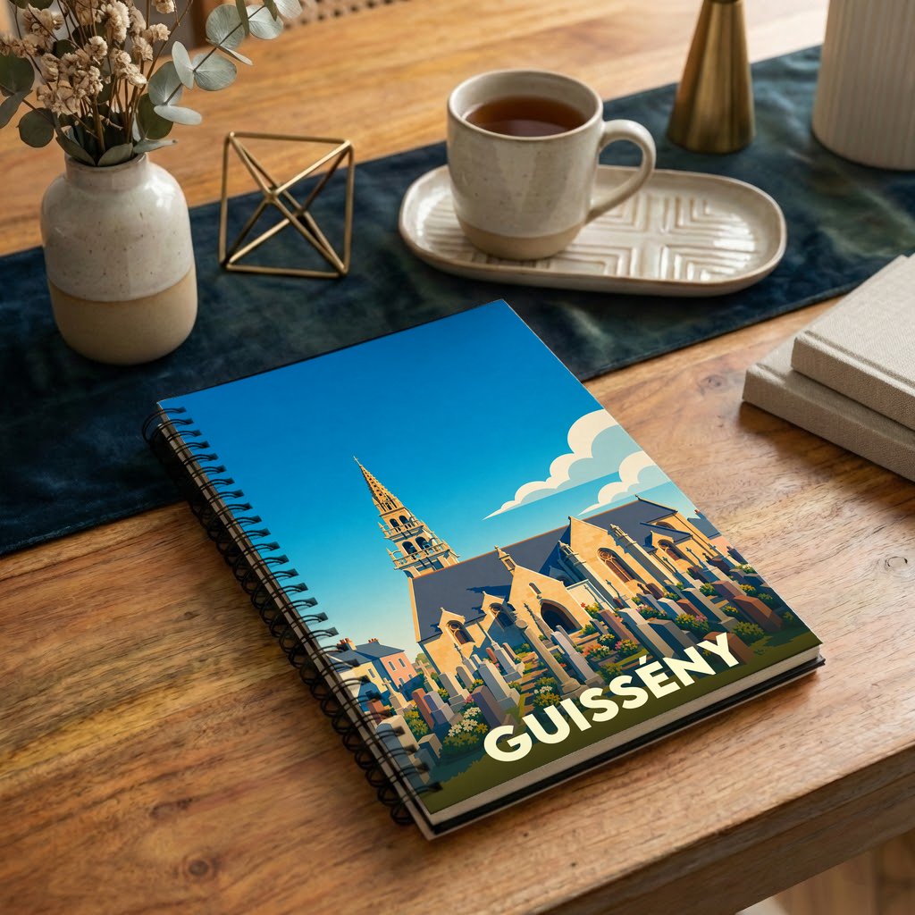Carnet à spirales souvenir de la ville de Guissény illustré d'une vue stylisée de son église.