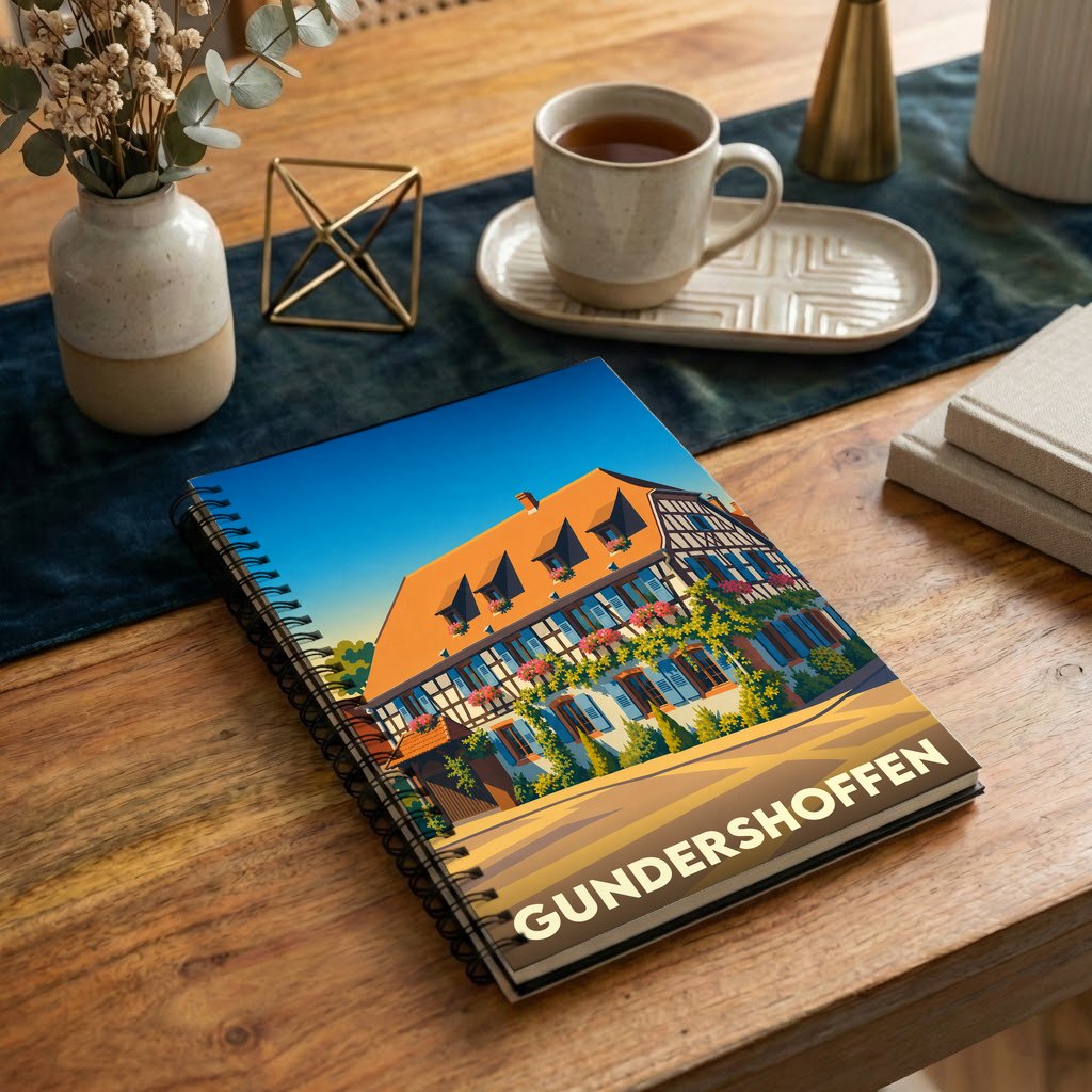 Carnet souvenir de la ville de Gundershoffen avec une illustration stylisée d'une maison alsacienne traditionnelle.
